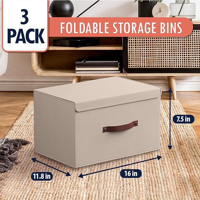 Ornavo Home 3 Pack Collapsible Storage Bins with Lid, Foldable Linen Fabric Shelf Storage Basket Closet Organizer and Large Storage Box for Clothes with Leather Handles, 16.5 x 11.8 x 7.5, Beige