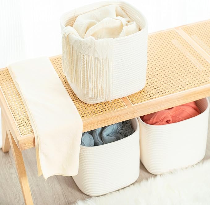 MINTWOOD Design 3-Pack 11x11in Woven Cube Storage Bin and Shelf Baskets, Cute Decorative Square Organizer for Closet, Classroom, Bathroom, Dog and Cat Toys, and Books, Creamy White
