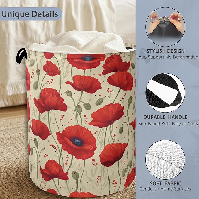 Vintage Poppy Flower Laundry Basket,Oxford Cloth Laundry Hamper with Handle Foldable Portable Clothes Storage Basket for Bathroom Bedroom Dorm Room 16" x 20.8"