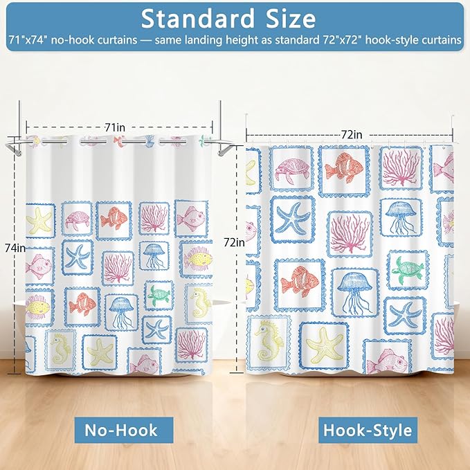 Double Layer Shower Curtains, No-Hook Cute Shower Curtain with Snap-in Weighted Shower Curtain Liner, Water Repellent & Quick-Dry Bath Tub Curtain, Cartoon Ocean Creature Stamp Pattern, 71"W x74"L
