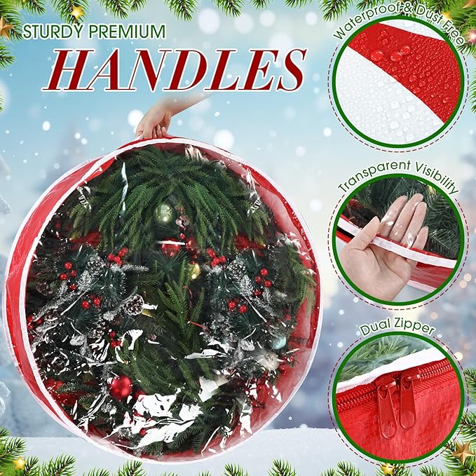 4 Pcs 30 Inch Christmas Wreath Storage Bag Candy Cane Wreath Storage Container Clear Window Dual Zipper Handle Red White Peppermint Garland Organizer for Holiday Decoration, Cute Lollipop