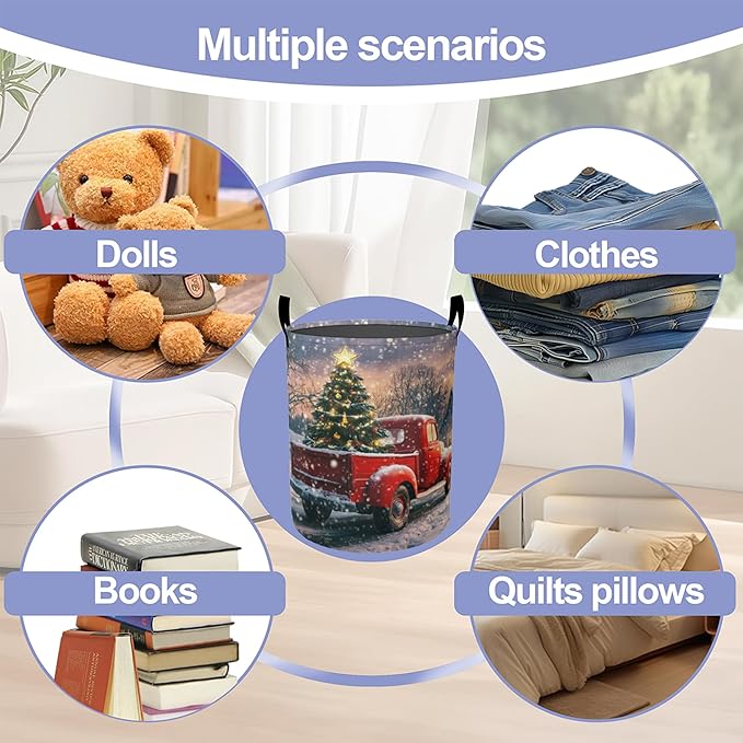 Christmas Laundry Basket, Retro Truck Tree Oxford Cloth Laundry Hamper With Handle Foldable Portable Clothes Storage Basket Storage Bag For Laundry Room/Bathroom/Bedroom/Dormitories