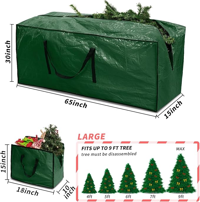 Christmas Tree Storage Bag 9 ft (3pc Set), Fits Up to 9 Foot Artificial Trees, Plastic Water Resist Xmas Tree Bag, Reinforced Handles&Zippered&Durable, Holiday Decoration Storage Bags, Green