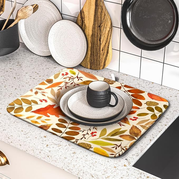 Fall Dish Drying Mat for Kitchen Counter 18x16 Inch Watercolor Autumn Maple Leaf Drying Mat with Absorbent Reversible Microfiber Dish Drainer Mats Rack Pad for Coffee Bar Countertop Protector