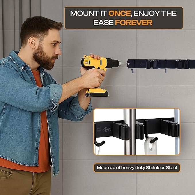 Heavy-Duty Stainless-Steel Broom Holder Wall Mount with 3 Racks and 4 Hooks | Waterproof Mop and Broom Hanger | Adjustable, Garage & Garden Tool Organizer | Black