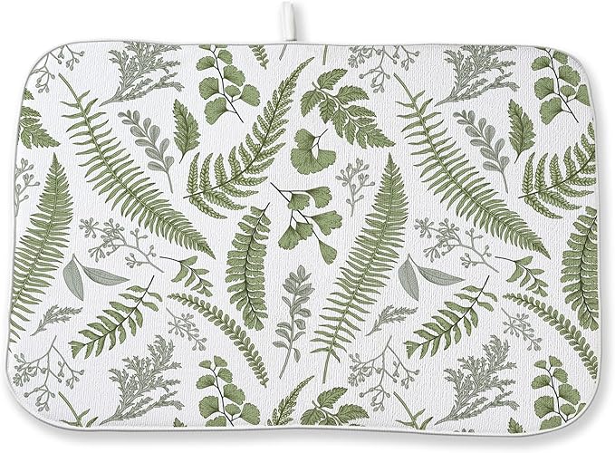 Sage Green Herb Leaves Dish Drying Mat 18 x 24 Inch Vintage Sage Green Leaf Plant Drying Mat for Kitchen Counter Absorbent Spring Summer Botanical Dishes Dry Pad for Drainer Rack Kitchen Fast Dry
