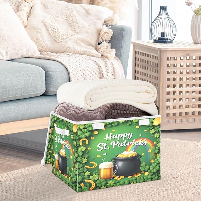 Bolaz St Patrick Green Storage Bins with Lids and Handles, Rainbow Foldable Storage Box Storage Basket with Cover Collapsible Organizer Containers for Home Closet, Shelves