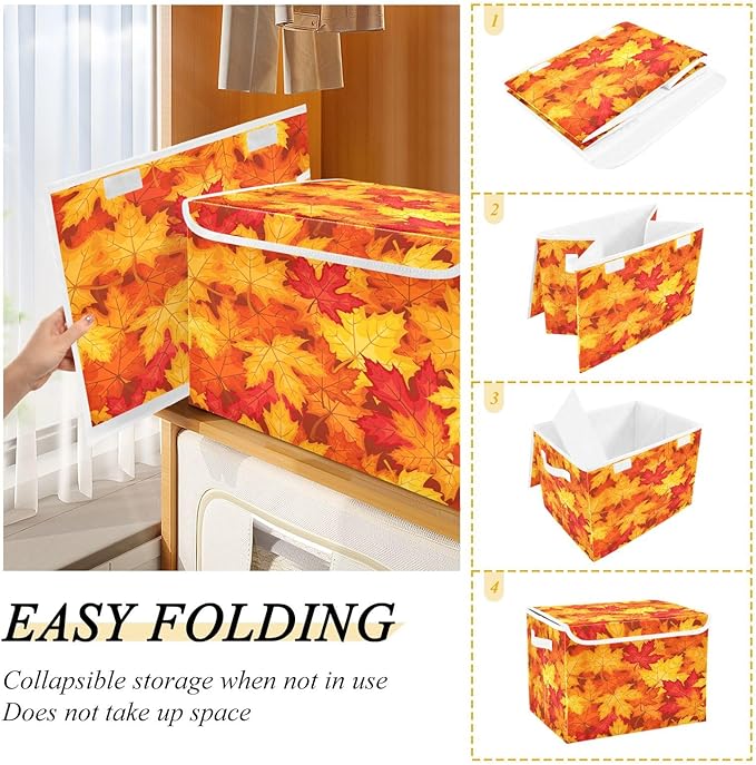 Bolaz Storage Bins with Lids and Handles, Fall Maple Leaves in Autumn Storage Box Storage Basket with Cover Collapsible Organizer Containers for Home Closet, Shelves