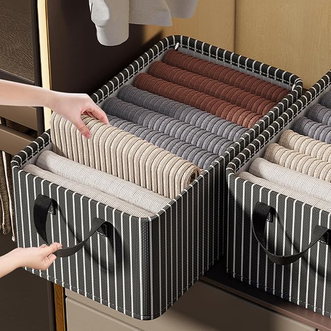 4PCS Closet Clothes Organizer Dustproof Sturdy Storage Baskets Bins 26L Foldable Shelf Containers Bin Support Boards Dust Lid Steel Frame for Sweater Pants T-shirt Dress (Black-white Stripes - No Lid)