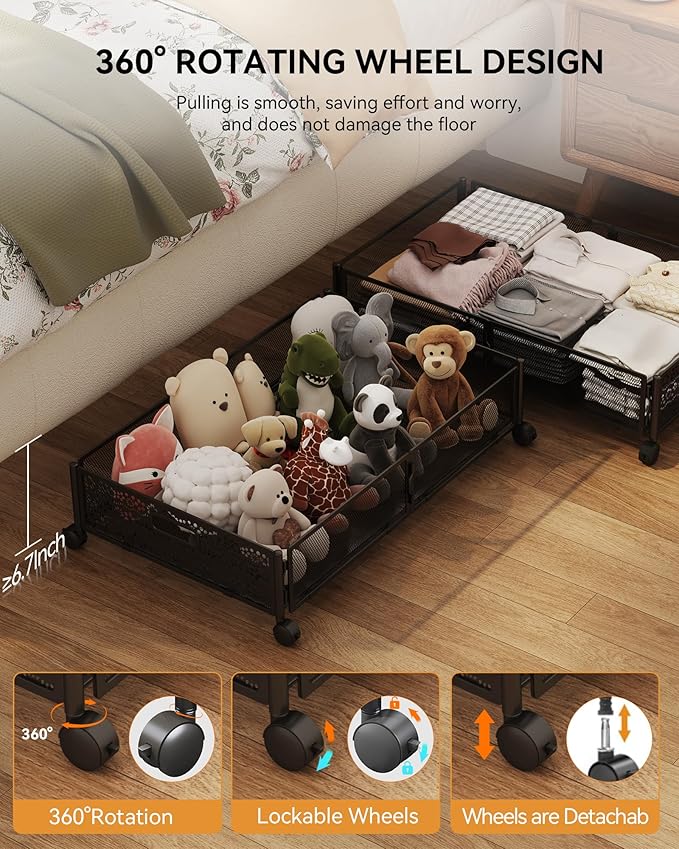 Under Bed Storage with Wheels, Foldable Pattern Carved Metal Under The Bed Storage, Tool-Free Assembly Under The bed Storage Bins, 60L Underbed Storage for Bedroom Clothes Shoes Toys-2 Pack