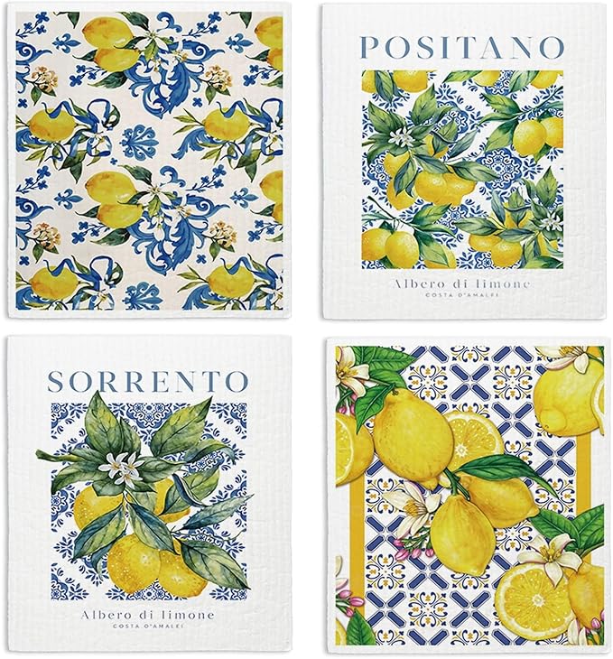 LARTSFRO Swedish Dishcloths for Kitchen, Papaya Reusable Paper Towels Washable, Vintage Floral Summer Lemon Swedish DishCloths for Friut, 4 Pcs Dish Towels for Kitchen, No Odor Cleaning Cloths