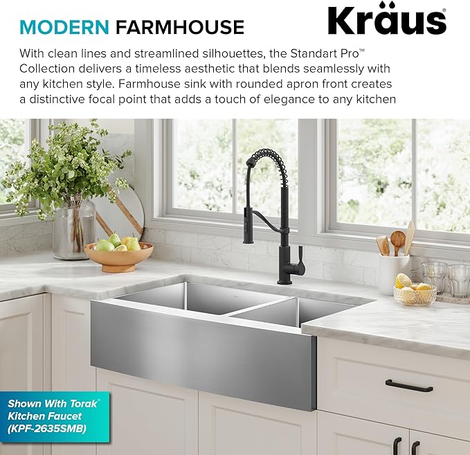 Kraus KHF203-36 Standart PRO Kitchen Stainless Steel Sink, 36 Inch Round Apron 60/40 Double Bowl