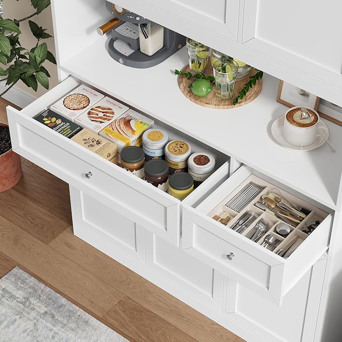 72" Kitchen Pantry Cabinet, Kitchen Hutch with Microwave Stand, Buffet Cabinet with Hutch for Dining Room, White