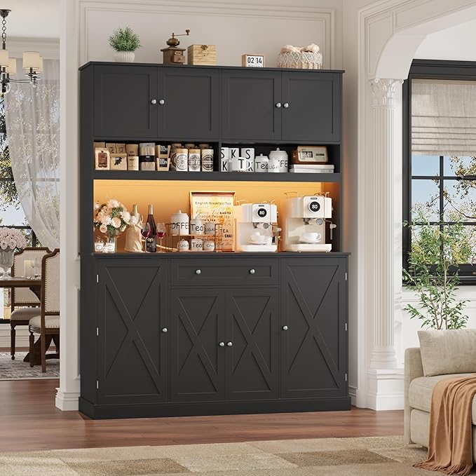 HIFIT 72.8” Tall Kitchen Pantry Cabinet with LED & Charging Station, 55” Wide Farmhouse Pantry Storage Cabinet with Microwave Stand&Shelves&Barn Doors, Black Kitchen Hutch Coffee Bar for Living Room