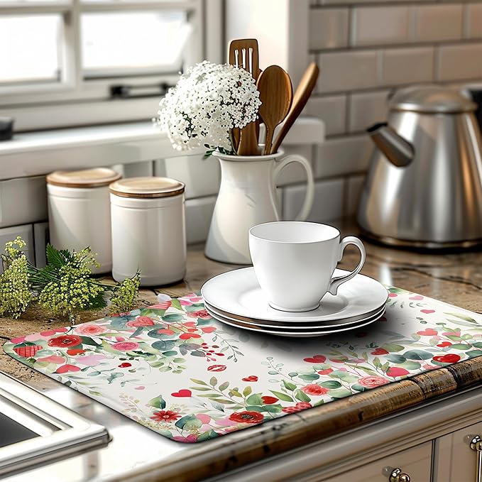 Wnoesat Valentine Dish Drying Mat for Kitchen Counter 18x24 Inch Valentines Love Heart Rose Eucalyptus Leaf Dishes Drying Pad Microfiber Absorbent Dish Draining Mat Washable Dish Drainer Mats