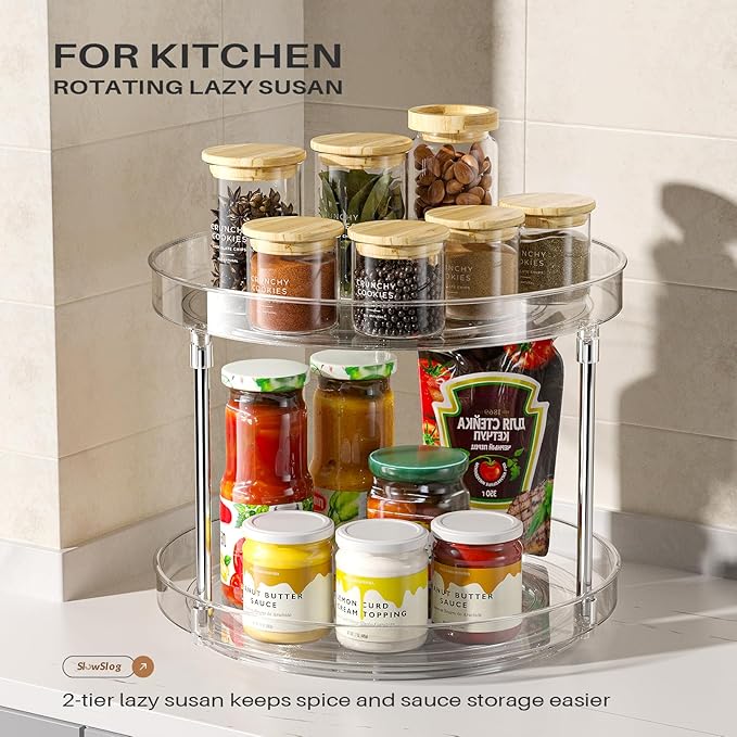Slow Slog 2 Pack 2 Tier Lazy Susan Turntable Organizer, Clear Rotating Lazy Susan, Spice Rack for Cabinet, Makeup and Perfume Organizer for Vanity, Counter Organizer Tray for Kitchen, Bathroom