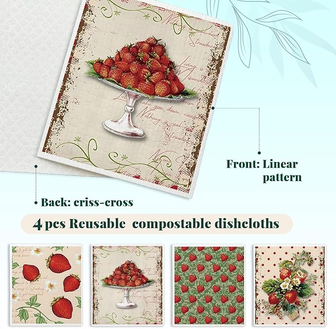 LARTSFRO Swedish Dishcloths for Kitchen, Papaya Reusable Paper Towels Washable, Vintage Strawberries Swedish DishCloths for Friut, 4 Pack Dish Towels for Kitchen