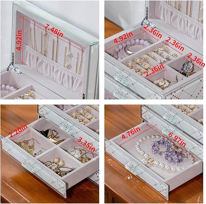 Glass Jewelry Box,Plaid & Sparkling Diamonds, 3-Tier Organizer for Women Girls,Jewelry Gift Decorative Boxes, Art Painting Tabletop Ornament Organizer For Earring Necklace Christmas Gifts