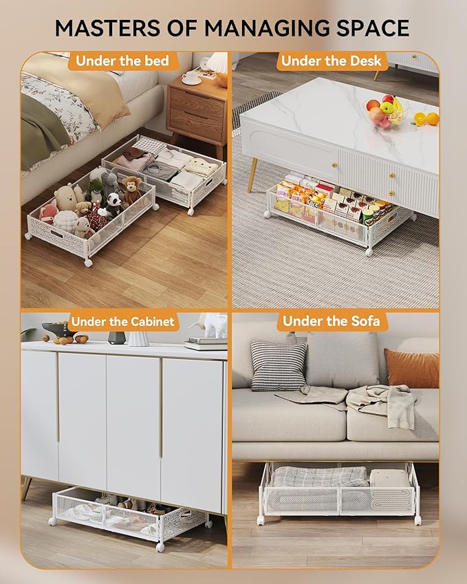 Under Bed Storage with Wheels, Foldable Pattern Carved Metal Under The Bed Storage, Tool-Free Assembly Underbed Storage, 60L Underbed Storage for Bedroom Clothes Blankets Shoes Toys