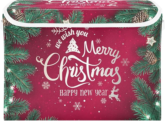 Christmas Baskets Collapsible Storage Bins with Lids, Merry Christmas Happy New Year Storage Boxes Clothes Baskets for Organizing