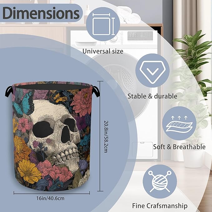 Skeleton Laundry Basket,Butterfly Flowers Oxford Cloth Laundry Hamper with Handle Foldable Portable Clothes Storage Basket for Bathroom Bedroom Dorm Room 16" x 20.8"