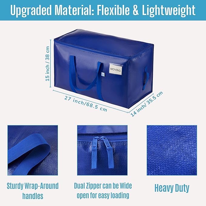 VENO 10 Pack Moving Bags, Upgraded Heavy Duty, Moving Boxes Alternative, Packing Storage Supplies for Dorm Room Essentials with Zipper for Clothes, Large Totes for Packaging (Blue, 10 Pack)