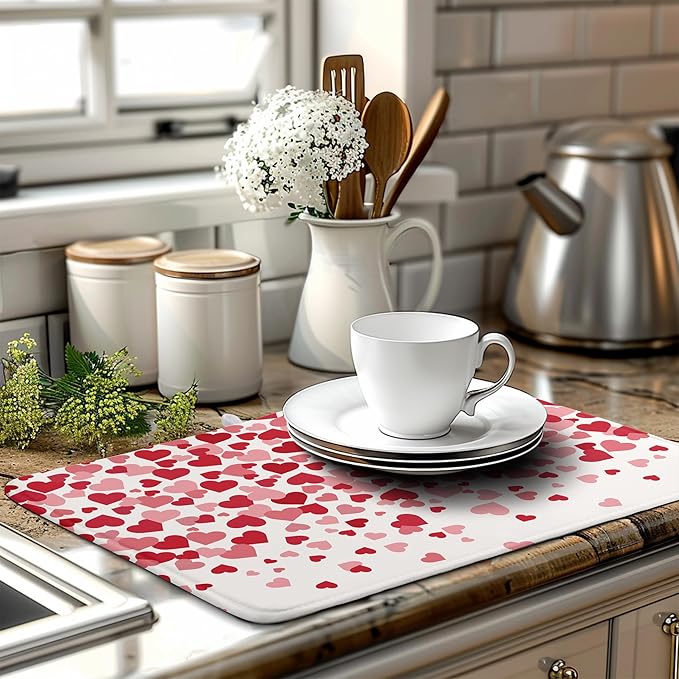 Wnoesat Valentines Dish Drying Mat Pink Red Love Hearts Valentine Drying Mats for Kitchen Counter Absorbent Microfiber Reversible Dish Draining Mat Extra Large Dishes Pad 18 X 24 Inch