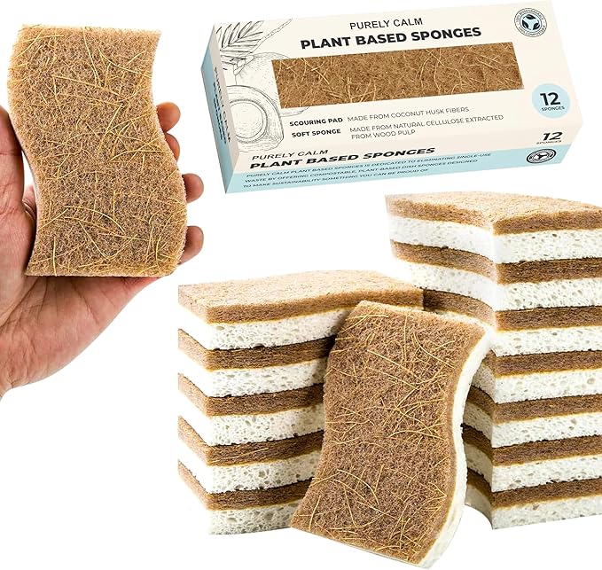 Purely Calm Plant Based Natural Sponge - Pack of 12 Cellulose Sponges, Safe on Non-Stick Cookware, Dual Sided Dish Sponge for Washing Dishes, Kitchen and Household