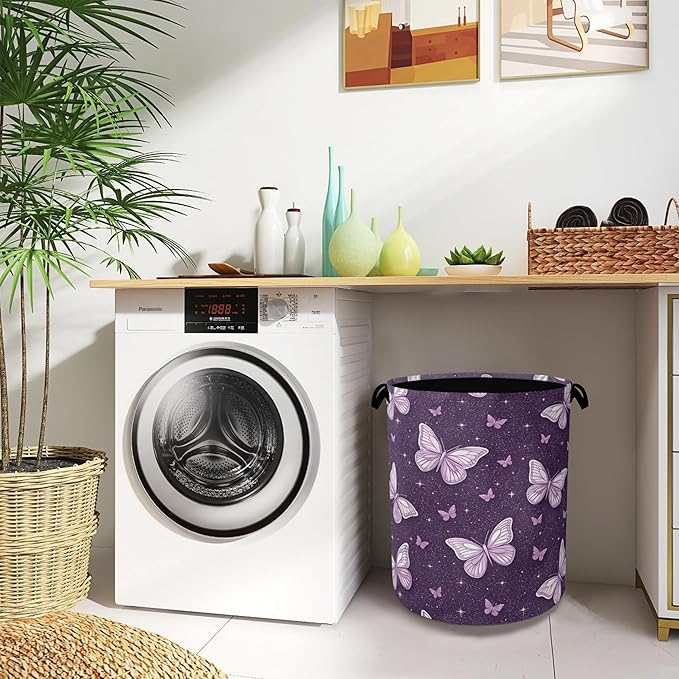 Purple Butterfly Laundry Basket,Oxford Cloth Laundry Hamper with Handle Foldable Portable Clothes Storage Basket for Bathroom Bedroom Dorm Room 16" x 20.8"