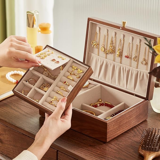 CHOSIN Black Walnut Wooden Jewelry Box for Women 2 Layer Jewelry Organizer with Removable Tray for Watches Rings Earrings Necklace Bracelets Storage Valentine's Day Gifts