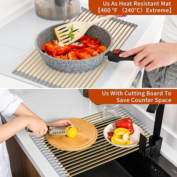 HAYAWEY Extra Large Golden Roll-UP Dish Drying Rack-Stainless Steel Dish Drainer Over The Sink for Kitchen Countertop,Applicable for Sink Width Less Than 19in (Gold,20.5'x 13.2')
