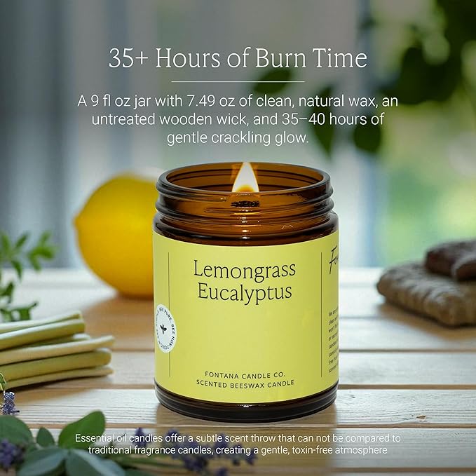 Fontana Candle Co Wood Wick Beeswax Jar Candles, Lemongrass Eucalyptus - Made with Coconut Oil & Pure Essential Oils – Clean Burn, Long Lasting and Non-Toxic Candles for Home & Room Decor