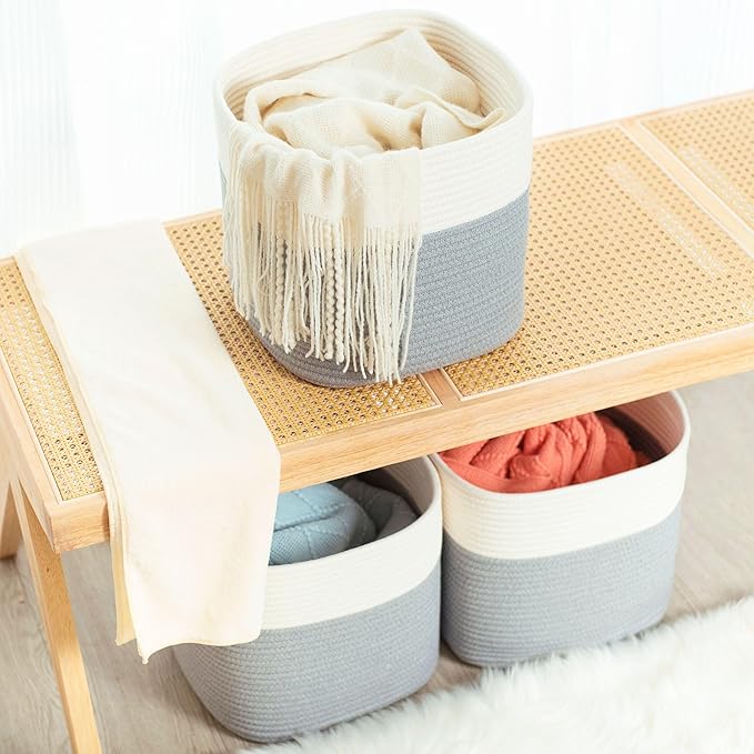 MINTWOOD Design 3-Pack 11x11in Woven Cube Storage Bin and Shelf Baskets, Cute Decorative Square Organizer for Closet, Classroom, Bathroom, Dog and Cat Toys, and Books, Grey