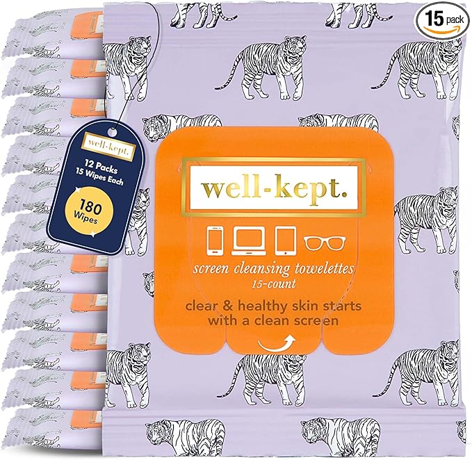 Well-Kept Tech & Lens Wipes - Eyeglass, Screen & Phone Cleaning, Multi-Surface, Lint-Free, Pre Moistened, Streak-Free & Non Scratching - Tiger Pose, 12 Pack (180 Count)