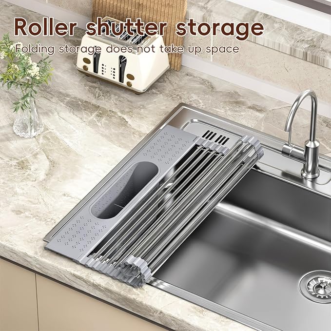 KEGFRES Roll Up Dish Drying Rack Over Sink, 17.5" x 15.2" Foldable SUS304 Stainless Steel Kitchen Dish Drainer, Heat-Resistant Multipurpose Rolling Sink Rack Organizer,Grey