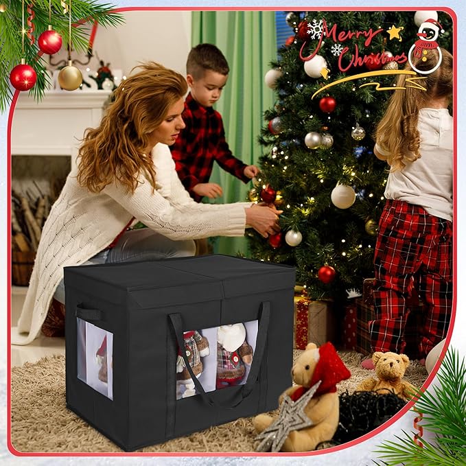 Christmas Figurine Storage Box, 24”x18”x15” Ornament Storage Box, 2025 UpgradeNutcracker Storage Box, Figurine Storage with Dividers, Adjustable Extent Area for Figurines and Pocket, Black