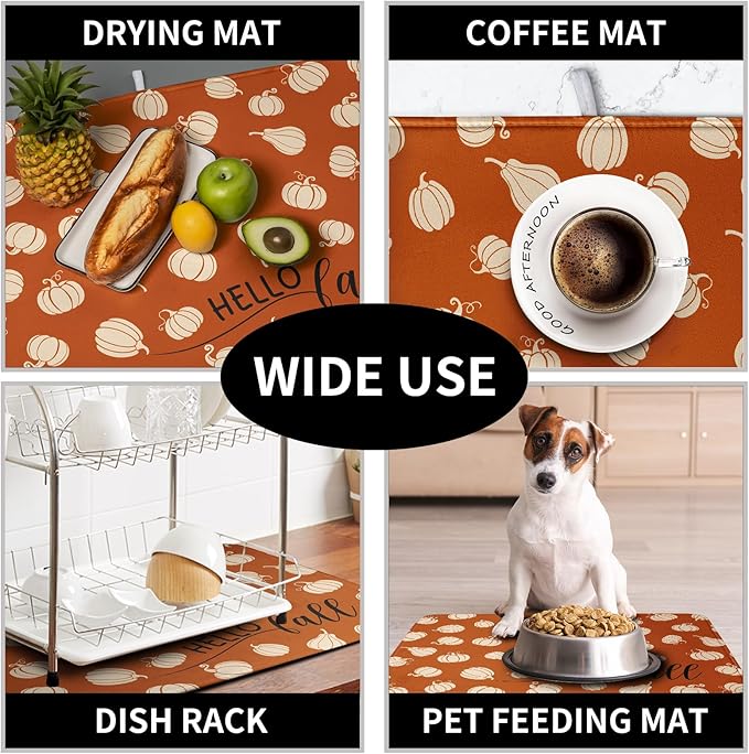 Kwlegh Hello Fall Drying Mat for Kitchen Counter Autumn Orange Pumpkin Dry Dish Mat Thanksgiving Absorbent Microfiber Dish Draining Washable Dish Drainer Rack Mat Large 18x24 Inch