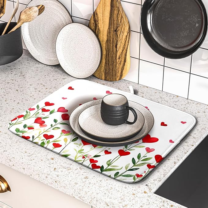 Valentines Day Dish Drying Mat for Kitchen Counter 18x16 Inch Green Red Heart Drying Mat with Absorbent Reversible Microfiber Holiday Love Dish Drainer Mats Rack Pad for Coffee Countertop Protector