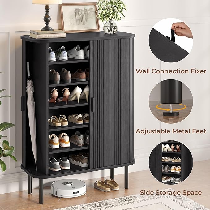 Shoe Storage Cabinet with Adjustable Shelves, 6-Tier Mid-Century Modern Shoe Organizer with Sliding Door, Shoe Storage Organizer for Entryway Hallway Living Room (Black)