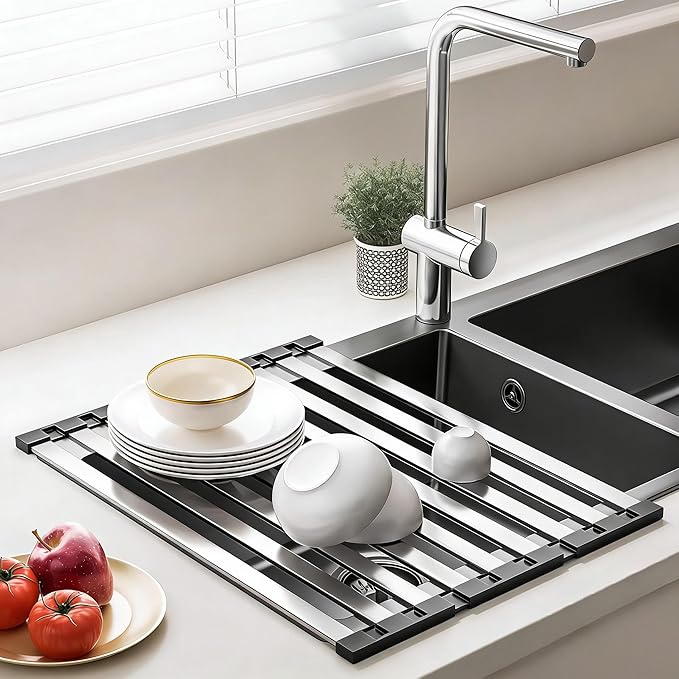 Miao Steward Over The Sink Kitchen Dish Drying Rack Organizer - Stainless Steel Collapsible Non-Slip Space-Saving [19.69 * 12.8IN] - Rust-Resistant Heat-Resistant Sturdy - Easy to Clean