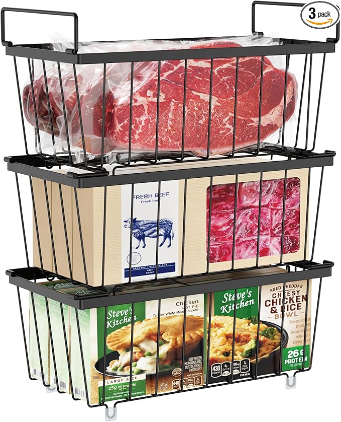 iSPECLE Chest Freezer Organizer Bins - Fits 7 Cu.Ft Deep Freezer, 3 Pack Stackable Wire Baskets(14.7" Length), Heavy Duty Coated Freezer Organizer, Rust Resistant for Frozen Food Sorting, Black