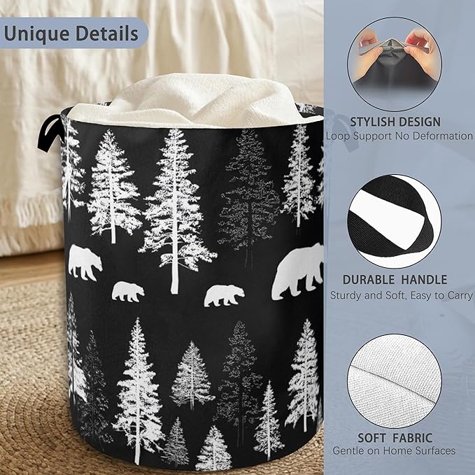 Bear Forest Laundry Basket,Winter Foldable with Handles Tote Bag Oxford Cloth for Bathroom Bedroom Dirty Clothes Storage Bucket 16" x 20.8"