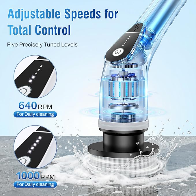 Electric Spin Scrubber, Cordless Cleaning Brush with 8 Replaceable Heads, Five-Speed Power Scrubber with Adjustable Handle for Bathroom, Tub, Floor, Tile & Car – Clean Without Bending