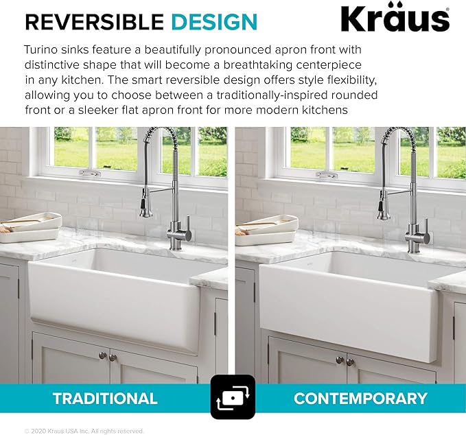KRAUS Turino 33-inch Farmhouse Reversible Apron Front Fireclay Single Bowl Kitchen Sink in Matte White, KFR1-33MWH