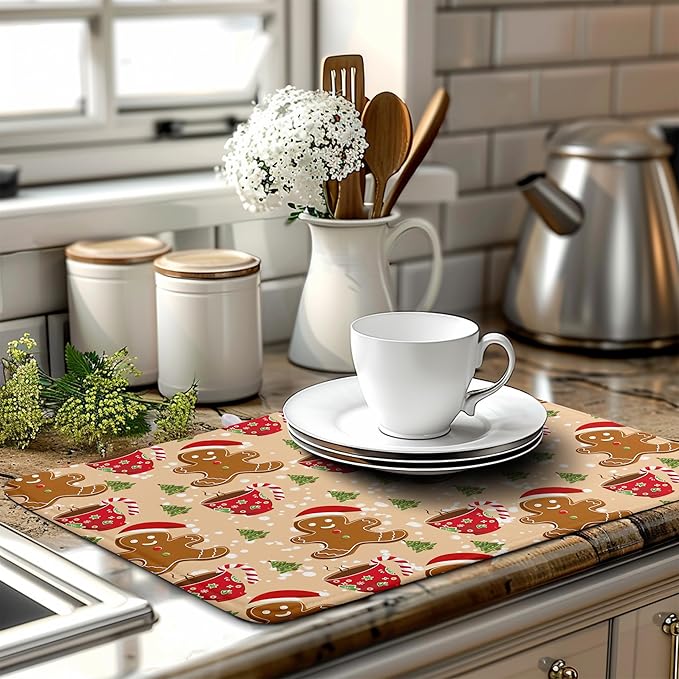 Wnoesat Cute Gingerbread Man Xmas Dish Drying Mat, Absorbent Dish Pad, 18x24 inch