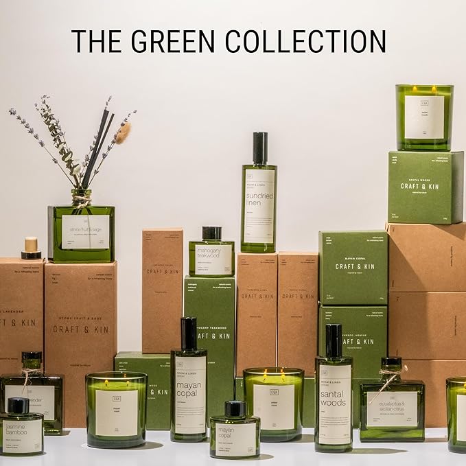 Craft & Kin Mayan Copal Reed Diffuser | All Natural Essential Oil & Rattan Scent Sticks | Winter Reed Diffusers for Home, Bathroom | Long Lasting Home Fragrance in Green Glass, 3.4oz
