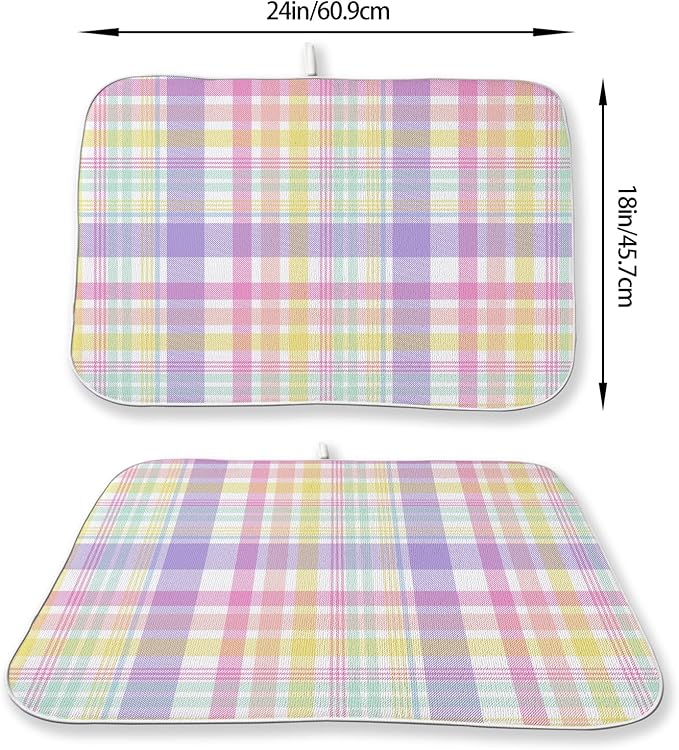 Easter Dish Drying Mat 18 x 24 Inch Spring Pink Yellow Purple Buffalo Plaid Drying Mat for Kitchen Counter Absorbent Spring Easter Checkered Dishes Dry Pad for Drainer Rack Kitchen Fast Dry