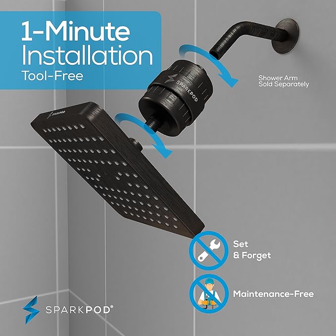 SparkPod Luxury Filtered Shower Head Set 23 Stage Shower Filter - Reduces Chlorine and Heavy Metals - High Pressure Showerhead Filter (8" Square, Vintage Oil-Rubbed Bronze)