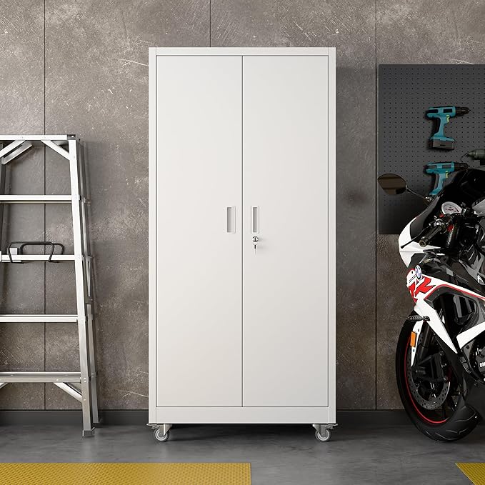 Aobabo 71" H×32" W×16" D Garage Storage Cabinet with Wheels, Metal Storage Cabinet with 5 Adjustable Shelves and 4 Hooks for Home Office, Kitchen, White, Assembly Required