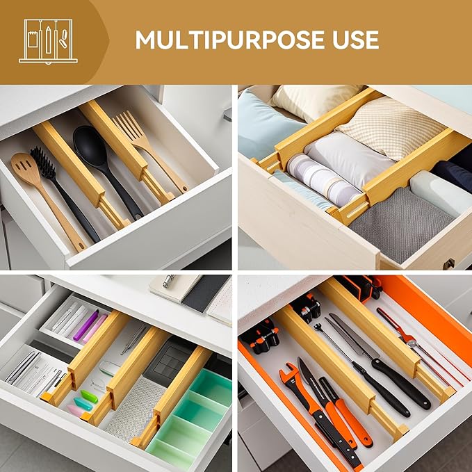 Secura Bamboo Drawer Dividers Organizer 4-Pack, Adjustable Drawer Separators Expandable from 12.0-17.1 inches for Kitchen, Office, Bathroom, Closet, Dresser
